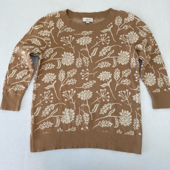 LOFT Sz Lg 100% Cotton Fall Beige White Floral Pullover Sweater 3/4 sleeves - Picture 1 of 16